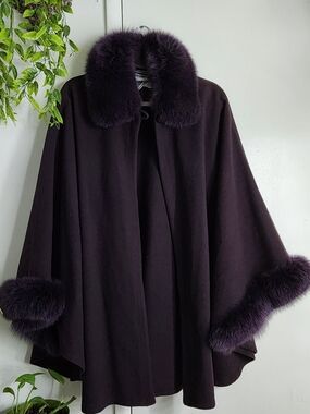 Marvin Richards Wool Cape w/ Plush Trim Collar & Cuffs | Plum | Vintage